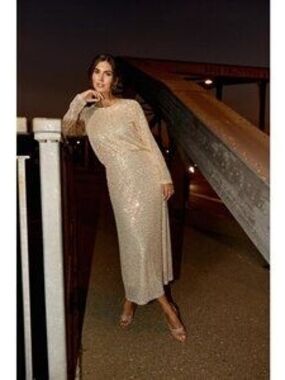 Elegant Long-Sleeve Sequin Evening Dress in Champagne